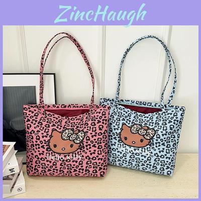 Hello Kitty Leopard Print Canvas Girls Shoulder Bag With Breathable Lightweight Fabric For School And Daily Use