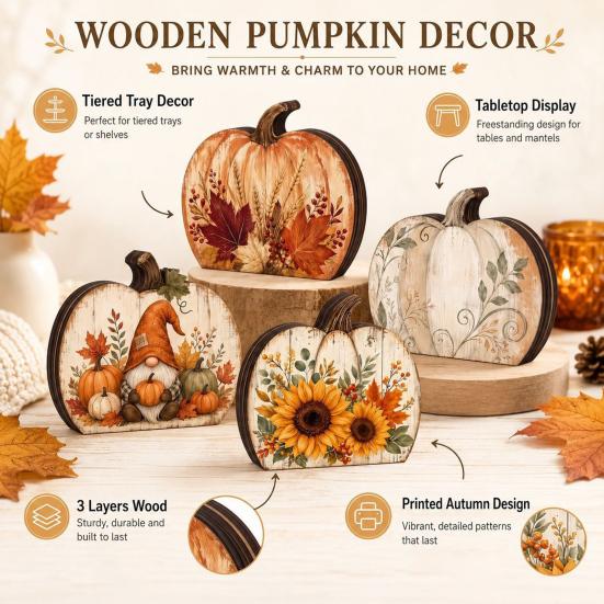 Desktop Decorative Wood Signs Thanksgiving Fall Pumpkin Table Decoration, Rustic Block Wooden Sign, Autumn Vintage Decor Farmhouse Tabletop