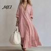 Casual Striped Dress Women Long Sleeve Dress, V-Neck Collar Maxi Shirt Retro for Summer Autumn, Breathable Loose Fit Soft Beach