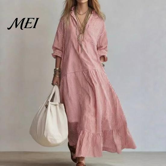 Casual Striped Dress Women Long Sleeve Dress, V-Neck Collar Maxi Shirt Retro for Summer Autumn, Breathable Loose Fit Soft Beach
