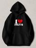 Black Pullover Hoodie with I Love Nuts Graphic Red Heart Print Sweatshirt Casual Long Sleeve Top with Kangaroo Pocket for Daily We