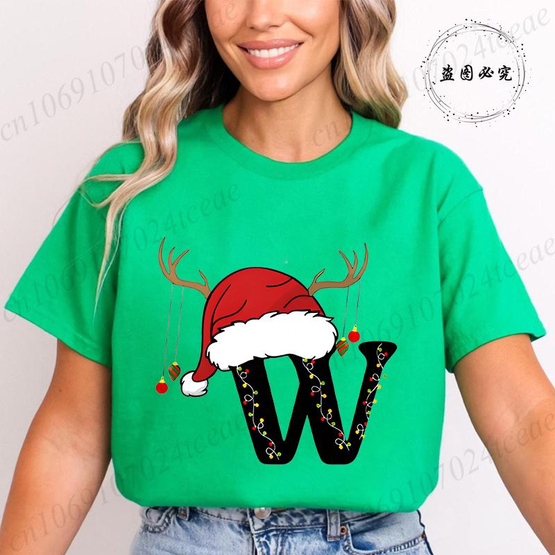 Fashion Merry Christmas Gift for Female Clothing Christmas 26 Alphabet Print TShirt for Women Casual Xmas Tees Short Sleeve Top