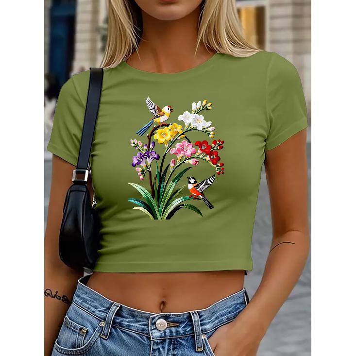 Women s round-neck short top T Shirt | Colorful floral and bird prints | High-waisted, cropped, tight-fitting, slim-fit short-sleeve top | Retro S армия зеленый