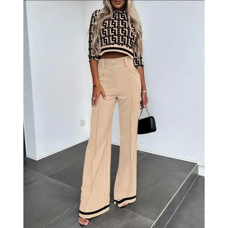 Crop Cropped Top Wide-Leg Pant Suit Crop-Top Short Top Loose Pants Two-piece Set