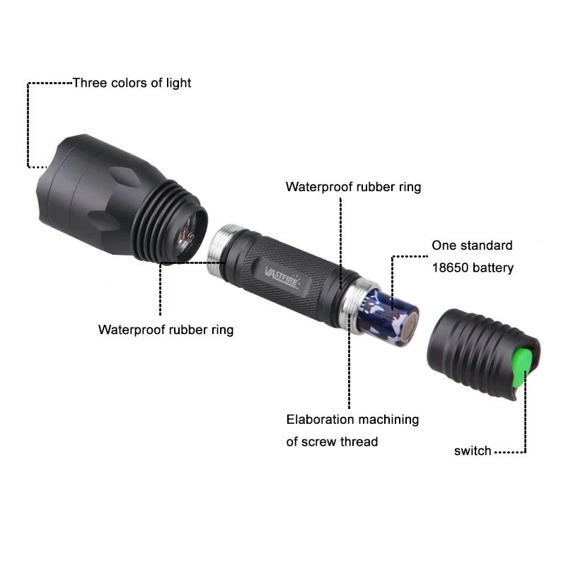 Tactical Flashlight Green/Red/ UV Light 3 Colors Hunting Flashlight Handheld Lantern Portable Torch Outdoor Waterproof Lantern