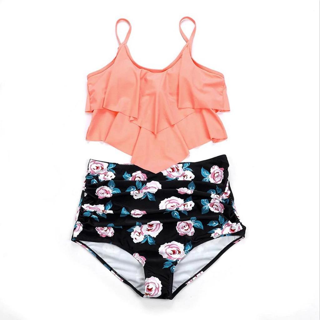 Costum de baie din două piese cu talie înaltă pentru femei, cu margine în formă de frunză de lotus