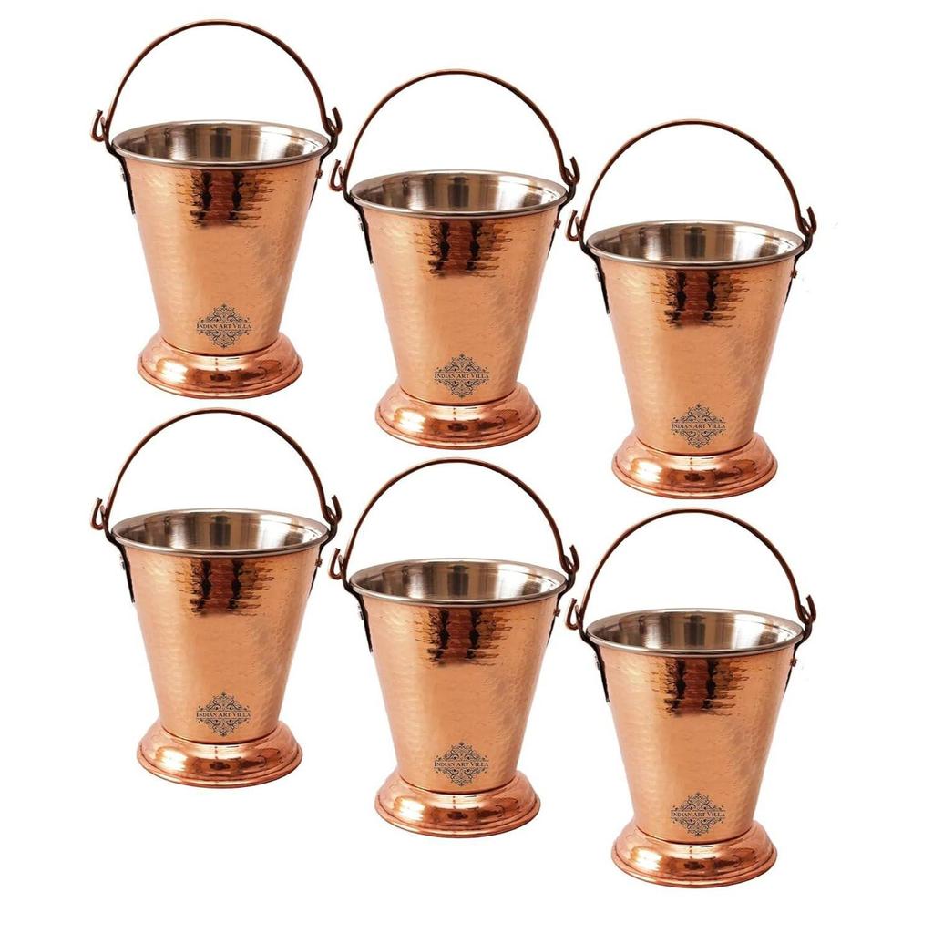 Steel Copper Hammered Design Bucket, Serveware & Tableware for Home, Hotel & Restaurants, Volume-550 ML, Set of 6