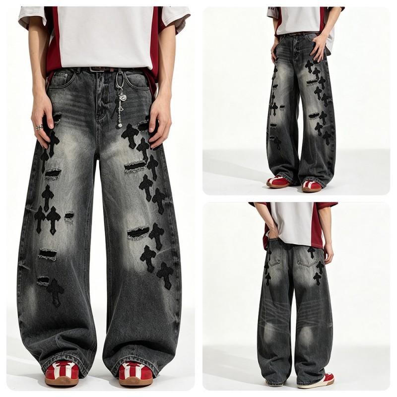 Mens Distressed Wide-Leg Straight Cut Denim Jeans With Gradient Charcoal Wash Raw Edge Holes