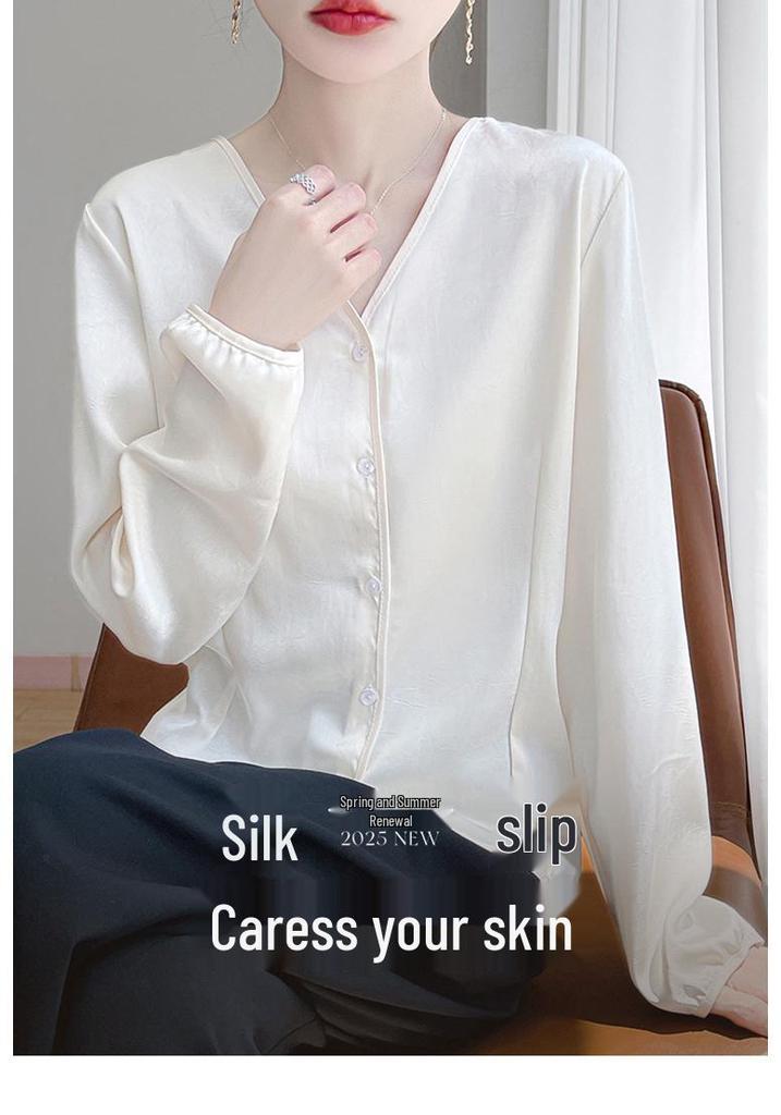 Women's Silk Satin V-Neck Long Sleeve Loose Shirt