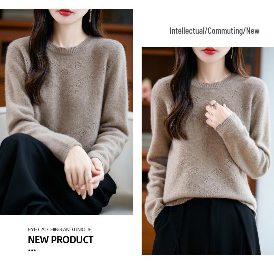 2025 A/W Pure Wool Lace Knitwear - Round Neck, Long Sleeve Crochet Pullover