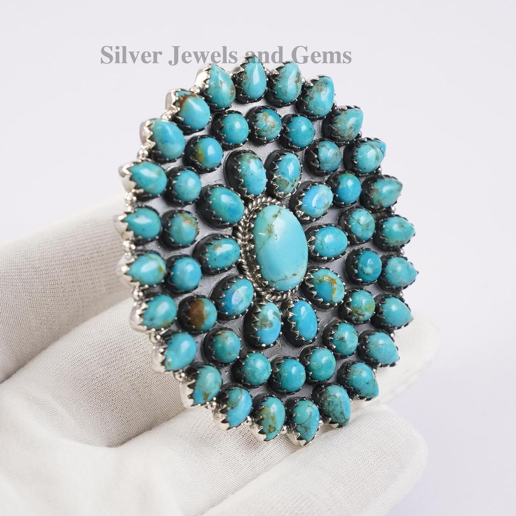 Arizona Turquoise Cluster Ring, Big Statement Turquoise Ring, 925 Sterling Silver Ring, Wedding Ring, Multi Stone Handmade Ring