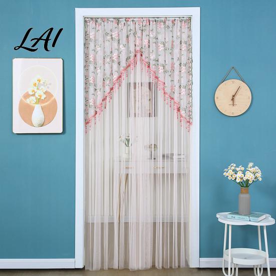Light Filtering Balcony Partition Sheer Lace Door Curtain Embroidered Floral Doorway Curtain with Beads No Drill Rod Pocket Room Divider for Bedroom