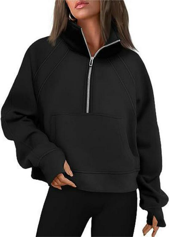 Women's Half-Zip Stand Collar Velvet Hoodie Jacket - Autumn/Winter Collection