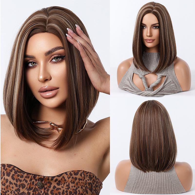 European and American fashionable women s short straight hair wig, brown split wave head, high-temperature silk synthetic wig headband