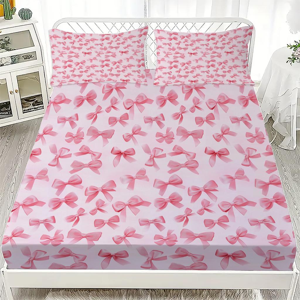 Pink Bowknot Fitted Sheet Bedding Set Adorable Style Skin-Friendly 3D Customized Bedding Set Suitable for Female Bedrooms