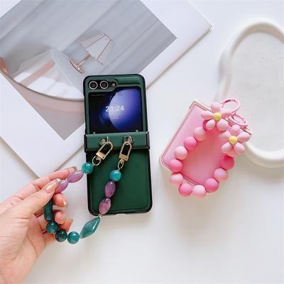 Handyhülle mit Scharnierschutz und Perlen-Armband für Samsung Galaxy Z Flip 6 5 4 3 5G, Hartplastik-PU-Lederhülle