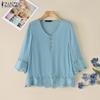 ZANZEA Women Casual V-neck Lace Splice 3/4 Sleeve Loose Blouse