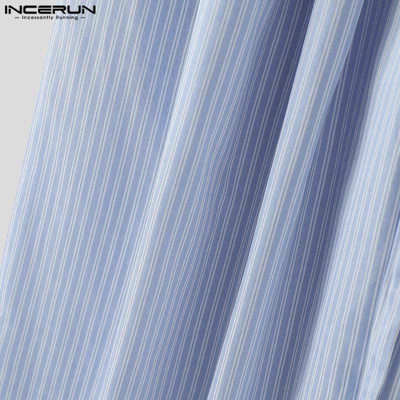 INCERUN Two Pieces Men Lapel Neck Long Sleeve Striped Shirt Long Wide Leg Pants Sets Outfits