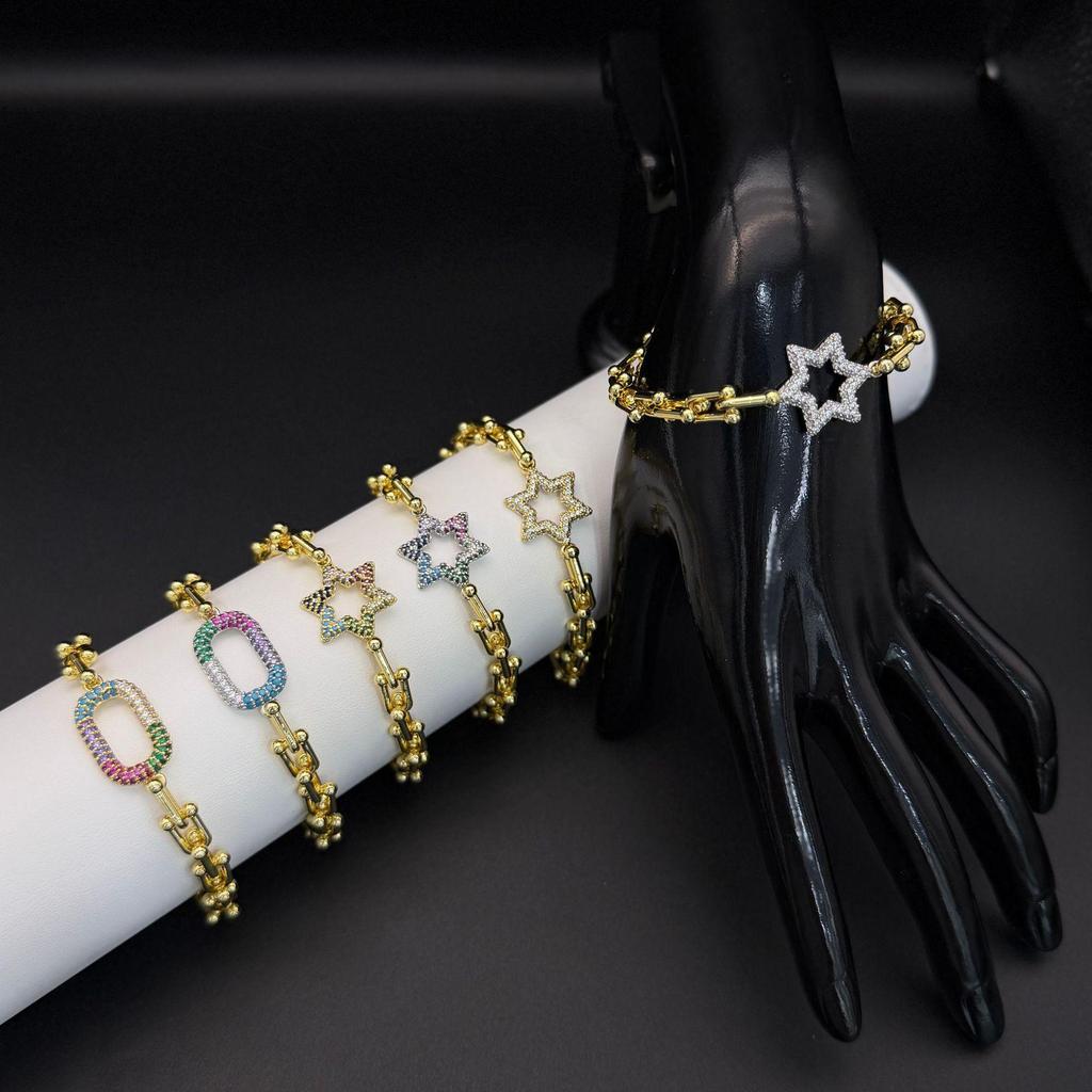 European & American Punk Chunky Chain Bracelet - T-shaped Zircon Inlaid, Hip Hop Metal Style, Colorful Hand Jewelry