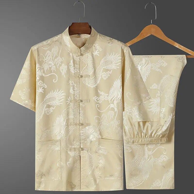 Chinesischer Stehkragen Tang-Anzug Männer Kurzarm Vintage Hanfu Kleidung Handknopf Cheongsam Casual Dragon Kong Fu Kleidung
