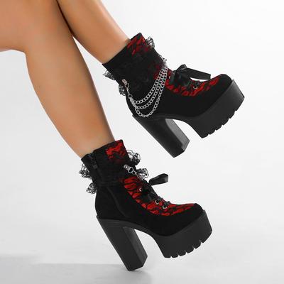 Vintage Gothic Lace Ankle Boots for Women Chunky Heel Side Zipper with Chain Detail Platform Goth Boots High Heels
