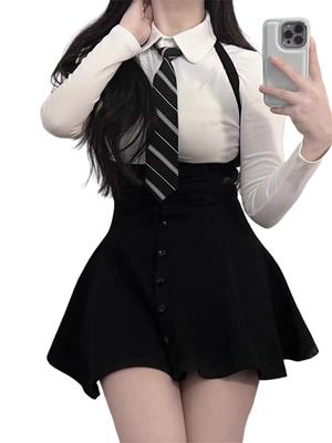 Conjunto de Vestido para Top e Landmine Longo ou Curto Fita Branca e Suspensório Escola Harajuku Outono Foto [SDSXZWG] Produzido em Massa Mulheres, Parte de Baixo, Gravata, Estilo,