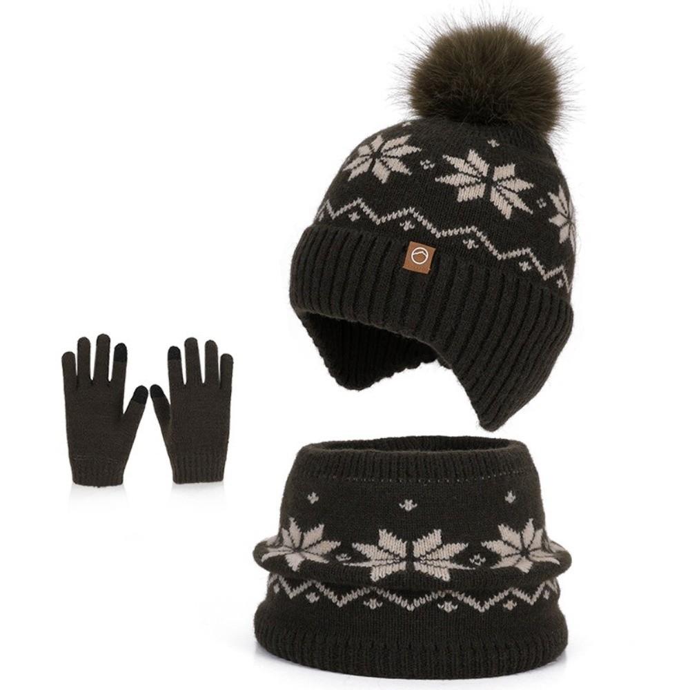 Polyester Winter Knitted Hat Warm Ear Flap Kids Snowflake Beanie for 2/3 Piece Set For Boys Girls