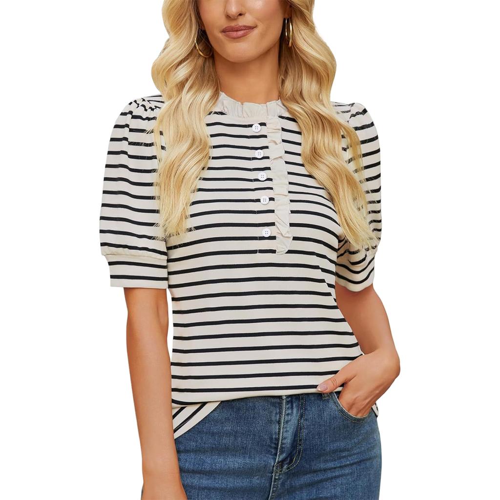 Women Ruffle Neck Loose Fit Striped Short Sleeve T Shirt Top with Button Casual Pullover Blouse for Daily Wear
