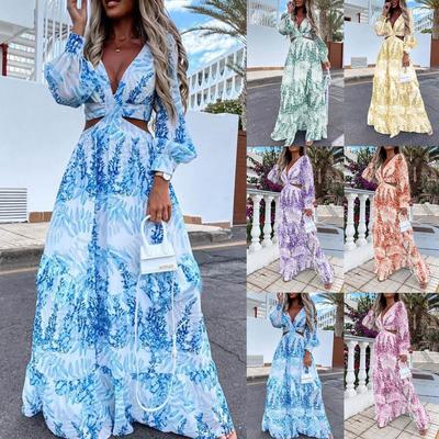 Women's Fashion Sexy Long Print V-Neck Long Sleeves Puff Sleeve Dress