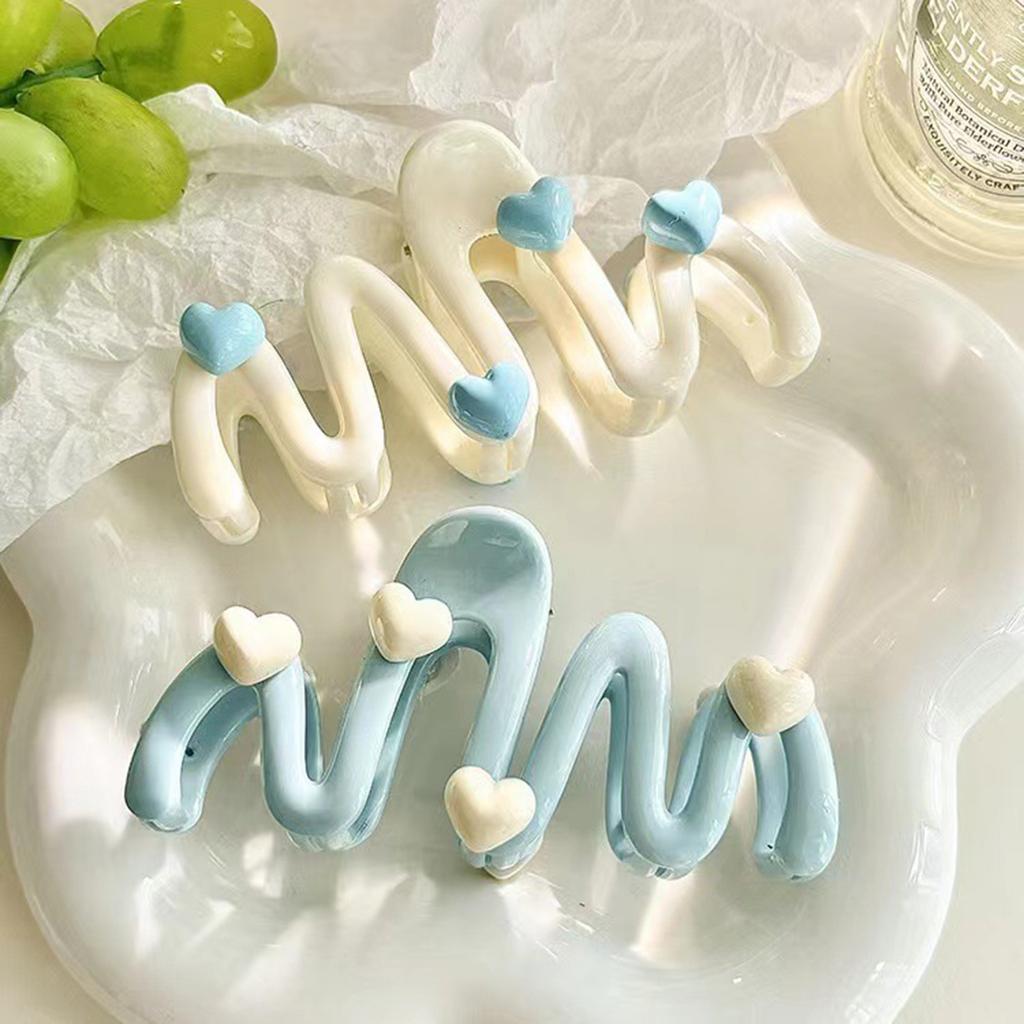 Blue Heart Waved Shaped Hair Claw Cream Color Clip for Women Sweet Cute Irregular Shark Hairpin Unique Hair Decoration