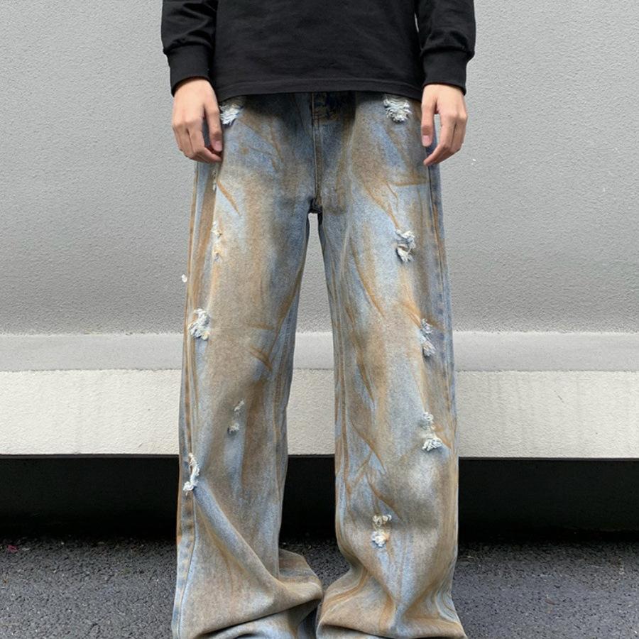 American high street washed old dirtyfit jeans men's and women's retro loose drape wasteland wind mopping trousers