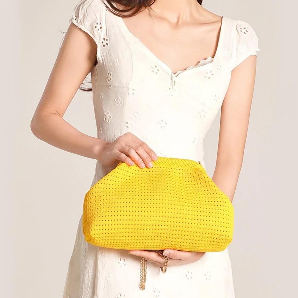 Versatile Solid Color Women Beach Clutch Bag Large Capacity Soft Elastic Crochet Handbag Hollow Out Dumpling Purse Summer Season