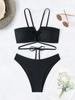 Solid Cut Out Tie Sexy Two Piece Bikini Set Elegant Comfortable Swimwear