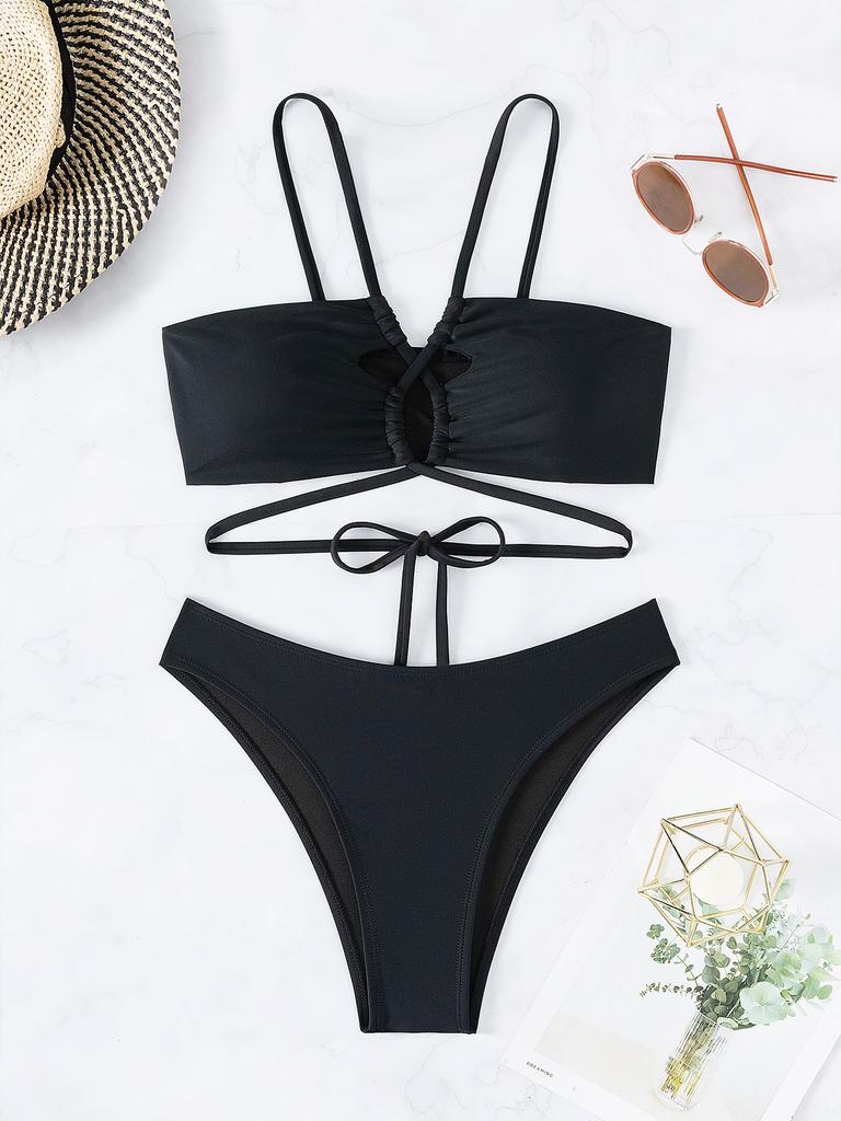 Solid Cut Out Tie Sexy Two Piece Bikini Set Elegant Comfortable Swimwear