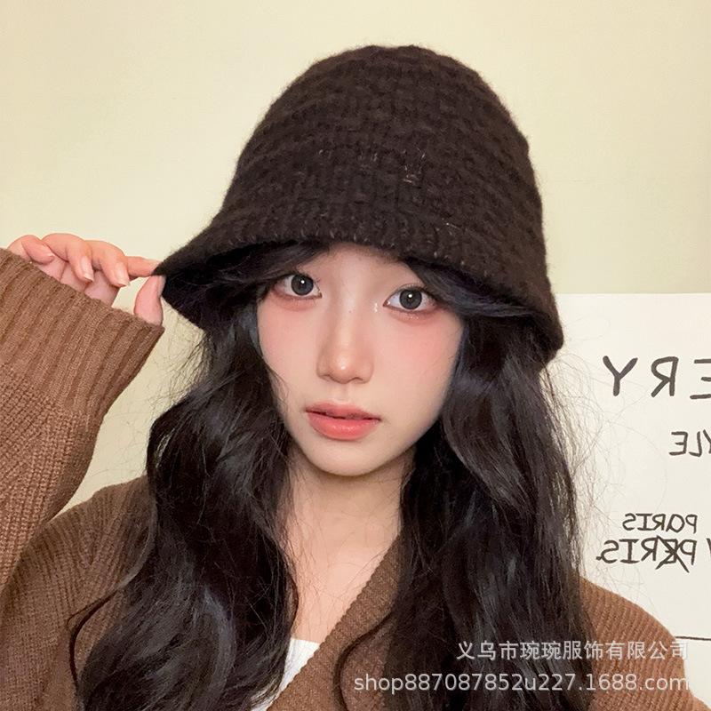 Autumn and Winter Solid Color Bucket Hat Women's Fashion Warm Wool Basin Hat Ear Protection Simple and Sweet Knitted Bucket Hat