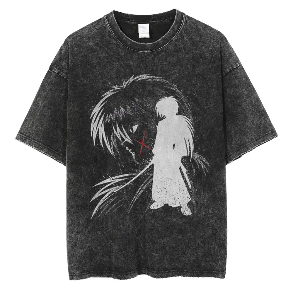 Harajuku Anime Rurouni Kenshin Himura Kenshin Print Tshirt Men Manga Oversized Tshirts Washed Cotton Tee Male Casual T Shirt