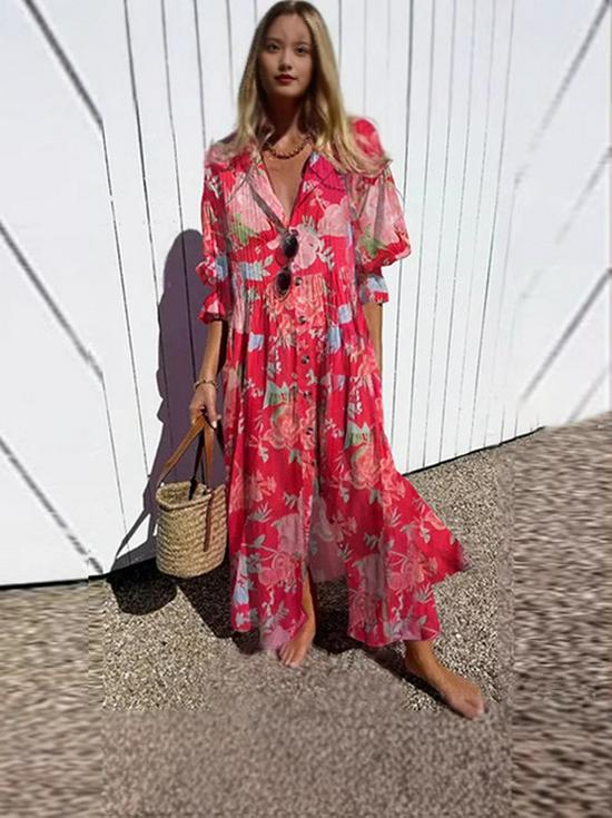 2024 Women's Plus Size Ruched Print Elegant Commuter Dress