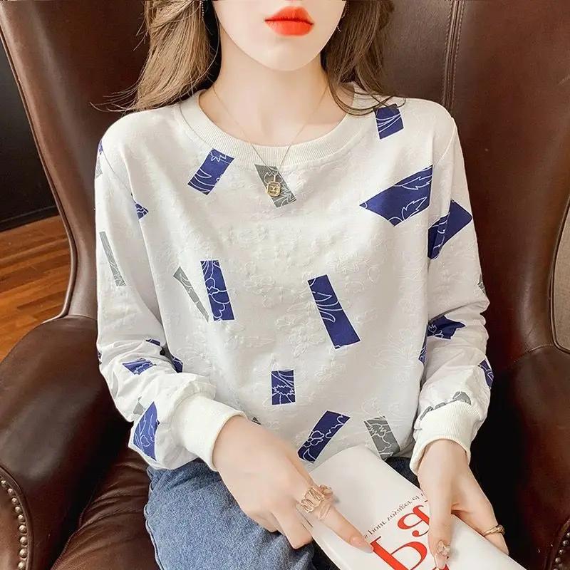 Sweatshirt New Thin Loose Long Sleeve T-Shirt Stylish Print Top Spring Autumn Round Collar Women's Cotton