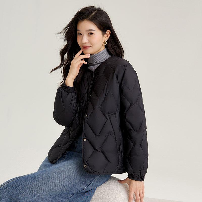 

Rhombus crew neck down jacket women s short 2025 autumn and winter fashion outer wear casual warm white duck down top jacket tide XL чорний