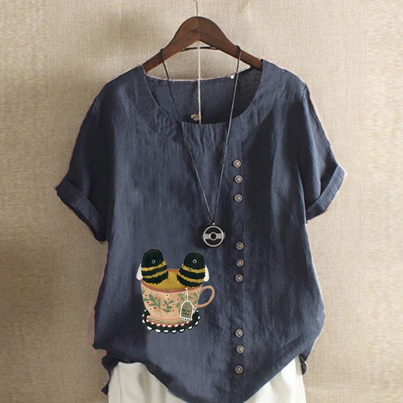 Women's Fashion Cute Bee Print Short Sleeve T-shirt Loose Cotton Shirt Casual Loose Summer Blouse Tops Plus Size