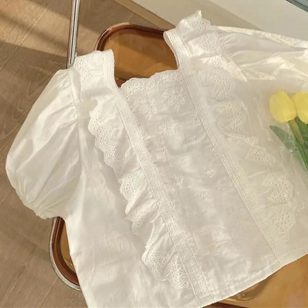 Garnitur dziewczęcy letnia koreańska słodka koronkowa pusta koszula fałszywe dwa spodenki jeansowe ubrania dla dzieci dziewczyny ubrania dla dzieci