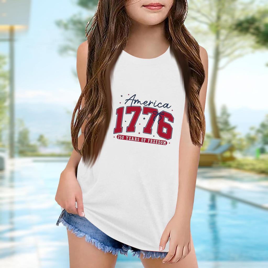 Girls  Kids Summer Crewneck Sleeveless Shirts Tank Tops Independence Day