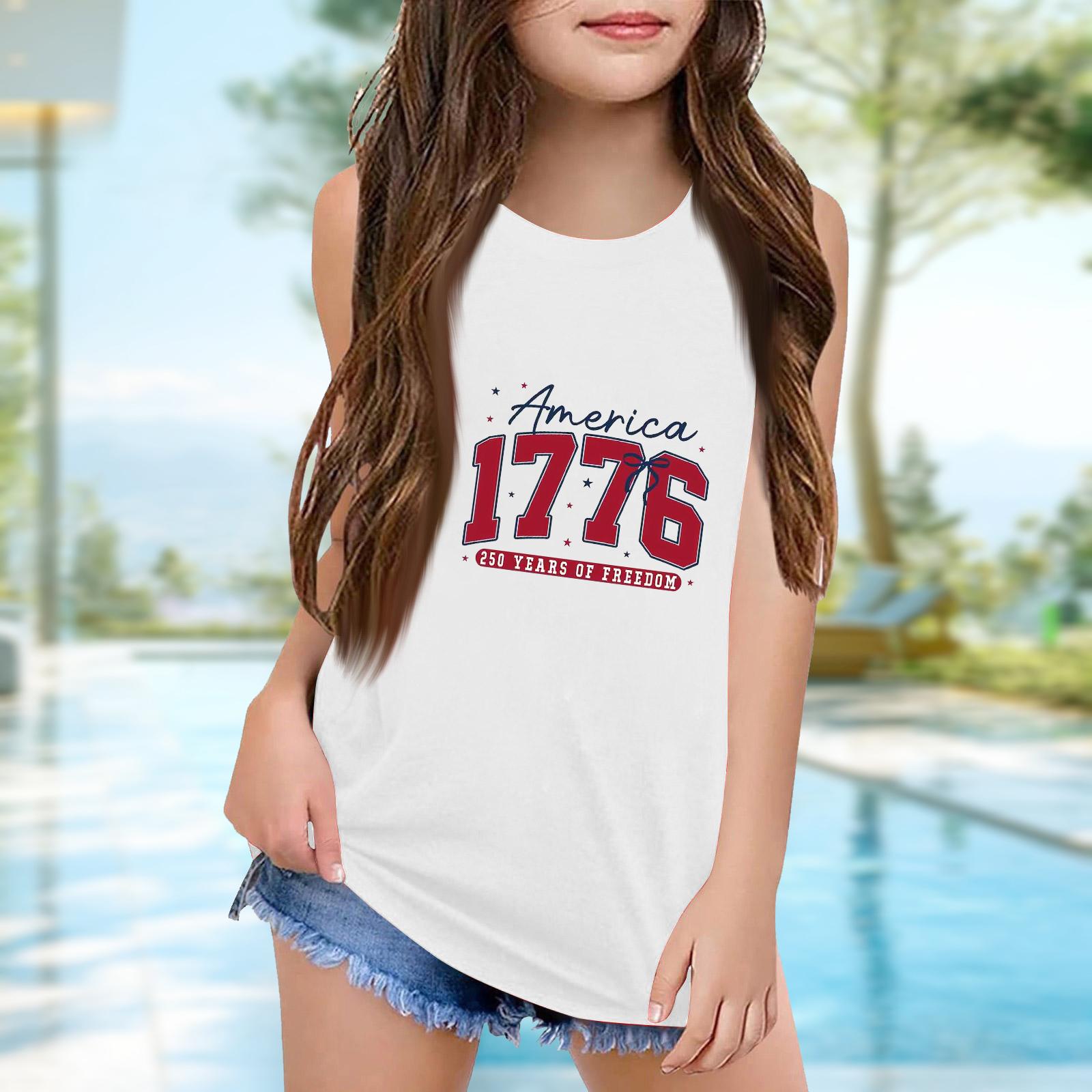 

Girls Kids Summer Crewneck Sleeveless Shirts Tank Tops Independence Day 160 білий