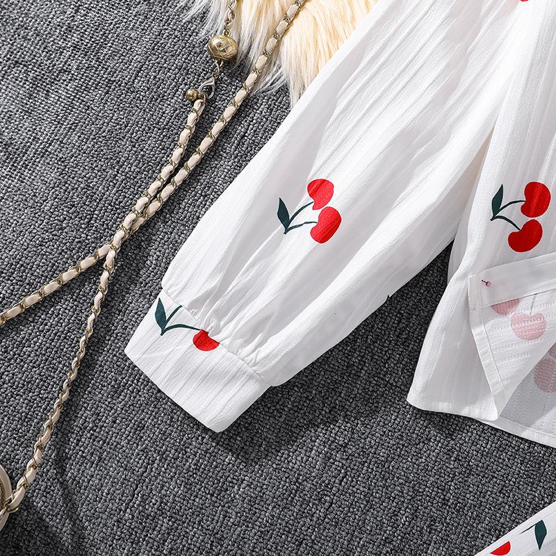 Mädchen Herbst Outfit Neuer Europäischer und Amerikanischer Stil Niedlicher Kirschdruck Langarmshirt Top und Lange Hose