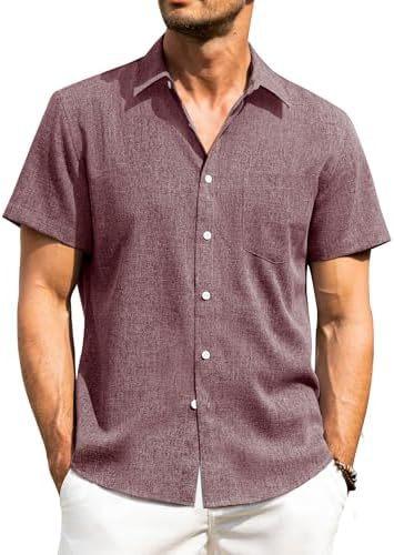 Alimens & Gentle Men's Linen Shirt Short Sleeve Button Up Shirt Wrinkle Free Casual Vacation Beach Summer