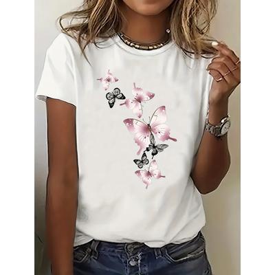 European Size European Size Women'S  Short Sleeve T-Shirt with Butterfly Print - Casual Round Neck Tee, Lightweight & Breathable for Spring/Summer