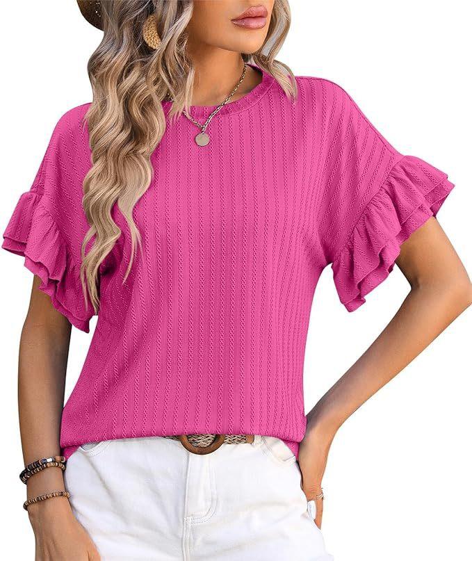 Women's clothing European and American spring and summer new solid color round neck lotus leaf sleeve short sleeve T-shirt top