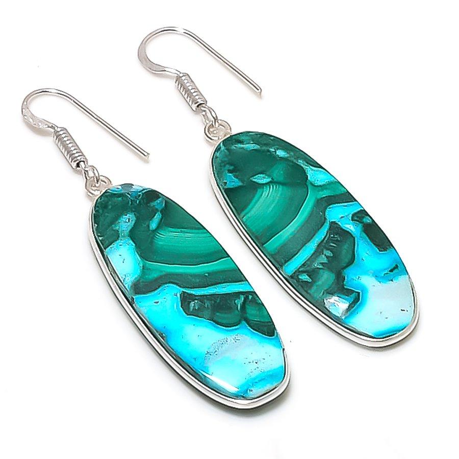 Natürlicher Chrysokoll Malachit Edelstein 925 Sterling Silber Ohrring 2,21" AE-11435