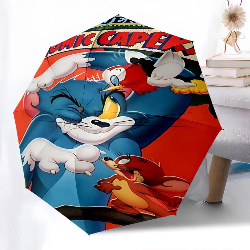 1pc Tom & Jerry's Comic Capers Automatic Folding Umbrella - Compact 8-Rib Design, Durable Plastic & Iron1267L
