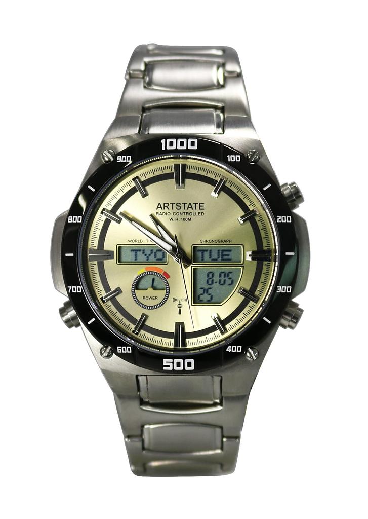 [ARTSTATE AS1771B] Men's Radio-Controlled Watch, Date and Day Display, Stainless Steel, Long Life, 100M Water Resistance